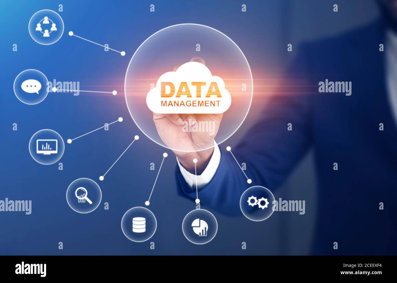 Data Management System, DMS. Businessman pressing data storage cloud on virtual screen Stock Photo