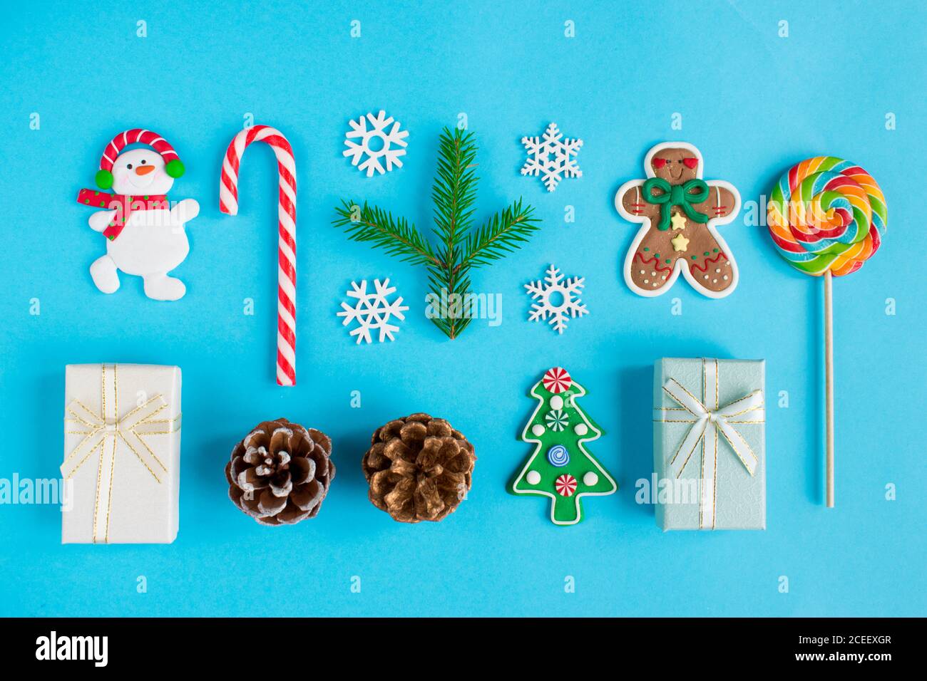 Various Christmas decorations on a blue background. Stock Photo