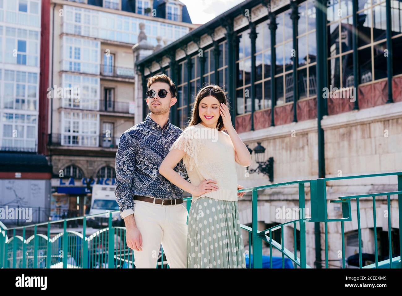 Couple posing on street Stock Photo