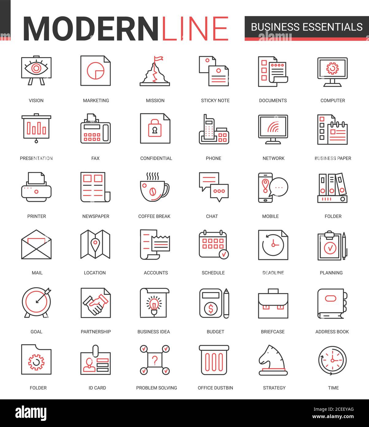 Business thin red black line icon vector illustration set. Business essential website outline pictogram symbols collection with office objects, equipment and documents for financial development Stock Vector