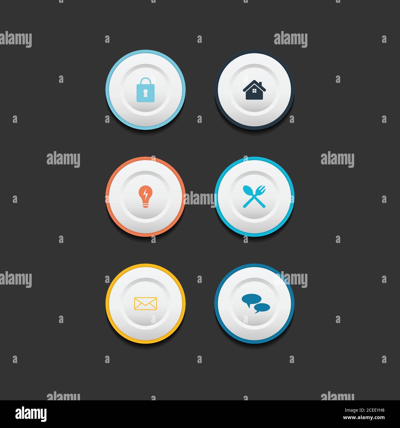 Circle web design button collection with flat design. Web and ui application color button icon for modern website. Vector icons isolated on dark backg Stock Vector