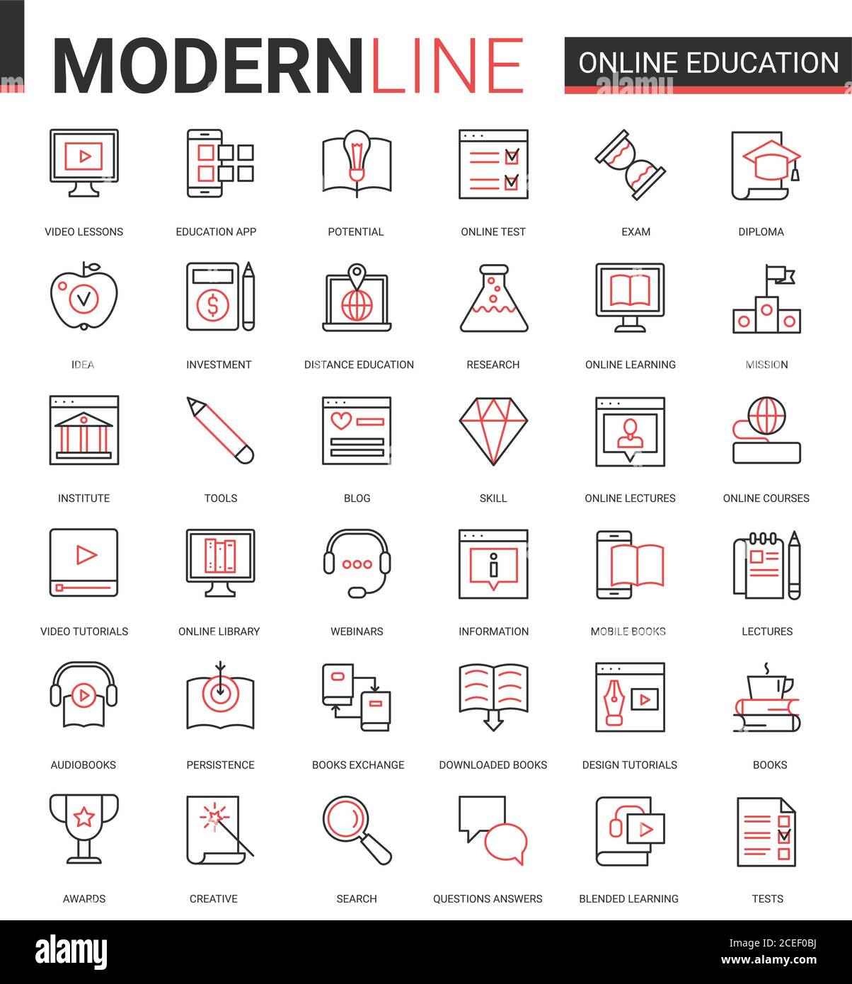 Online distance education flat thin red black line icons vector set with linear educational technology symbols for mobile apps with process learning in tech online course, school or university Stock Vector