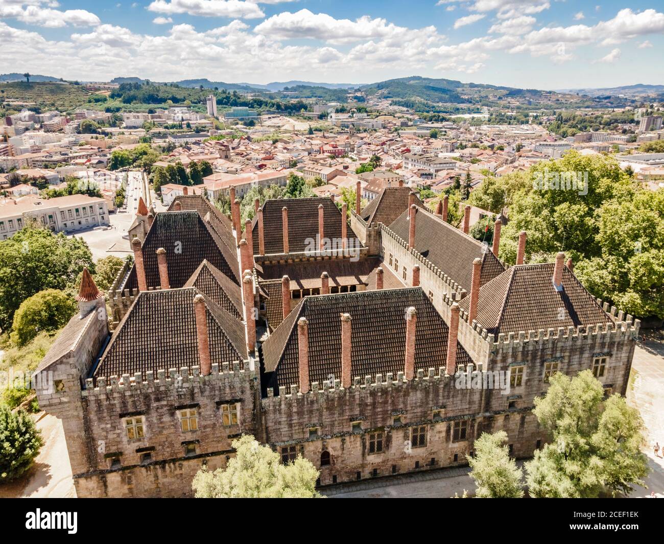 Aerial view of palace of dukes of Braganza and city of Guimaraes, Portugal Stock Photo