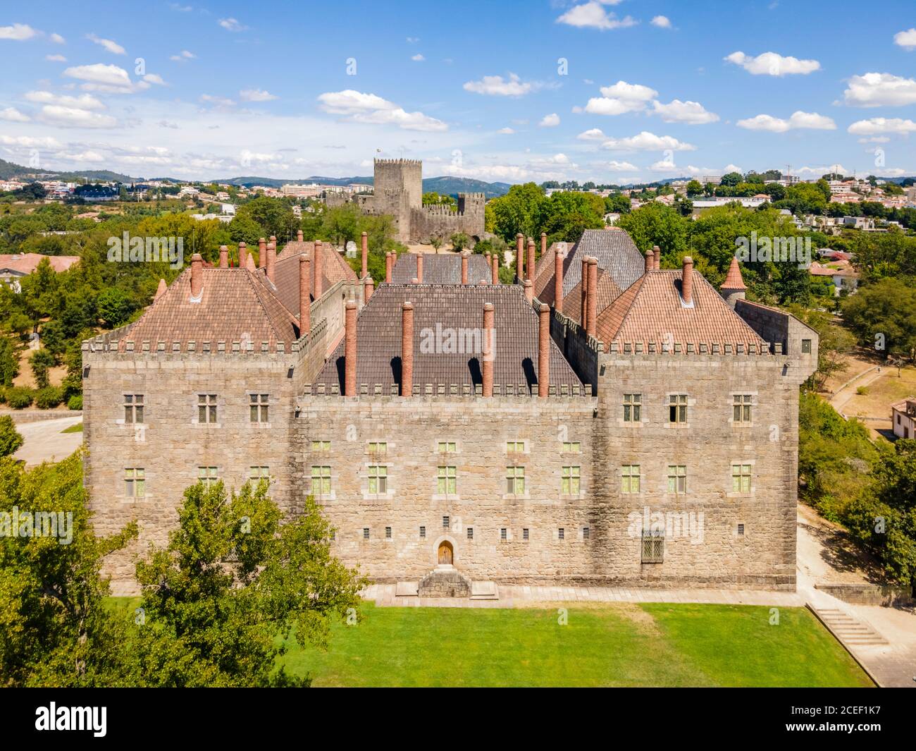 Aerial view of palace of dukes of Braganza and Castle in Guimaraes, Portugal Stock Photo