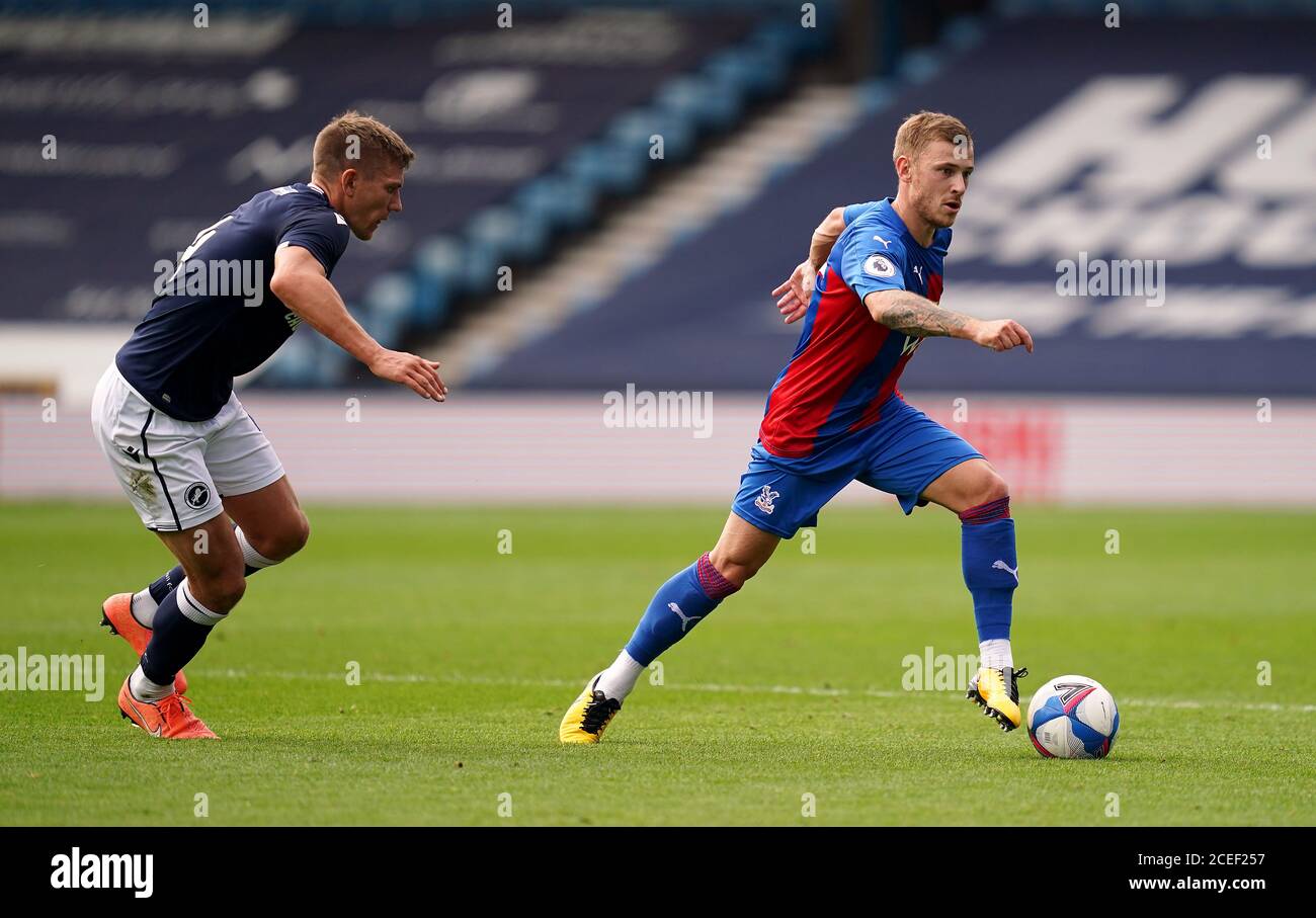 Crystal Palace's Max Meyer gets away from Millwall’s Shaun Hutchinson during the pre-season friendly at The New Den, London. Stock Photo