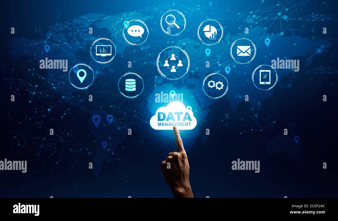 Male Hand Choosing Gloving Data Management Cloud, Different Infographic Icons On Background Stock Photo