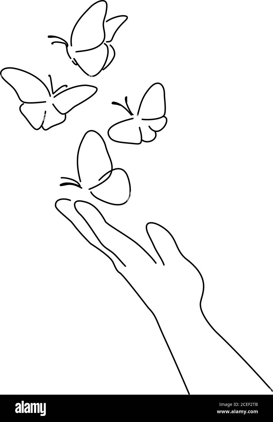 Hand with butterfly on finger. Line art drawing style. Black linear sketch isolated on white background. Vector illustration Stock Vector