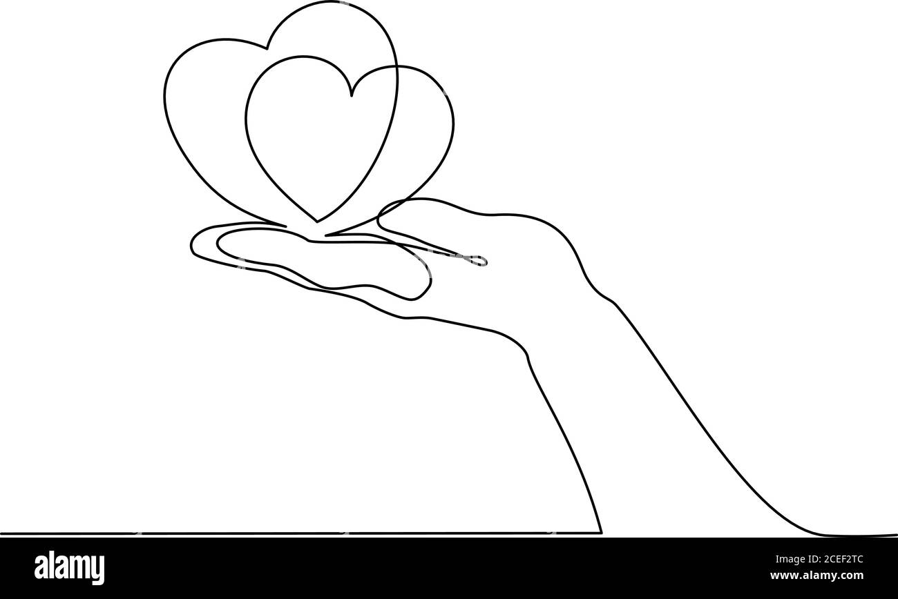 Hand holding heart sign. Continuous one line art drawing style. Black ...