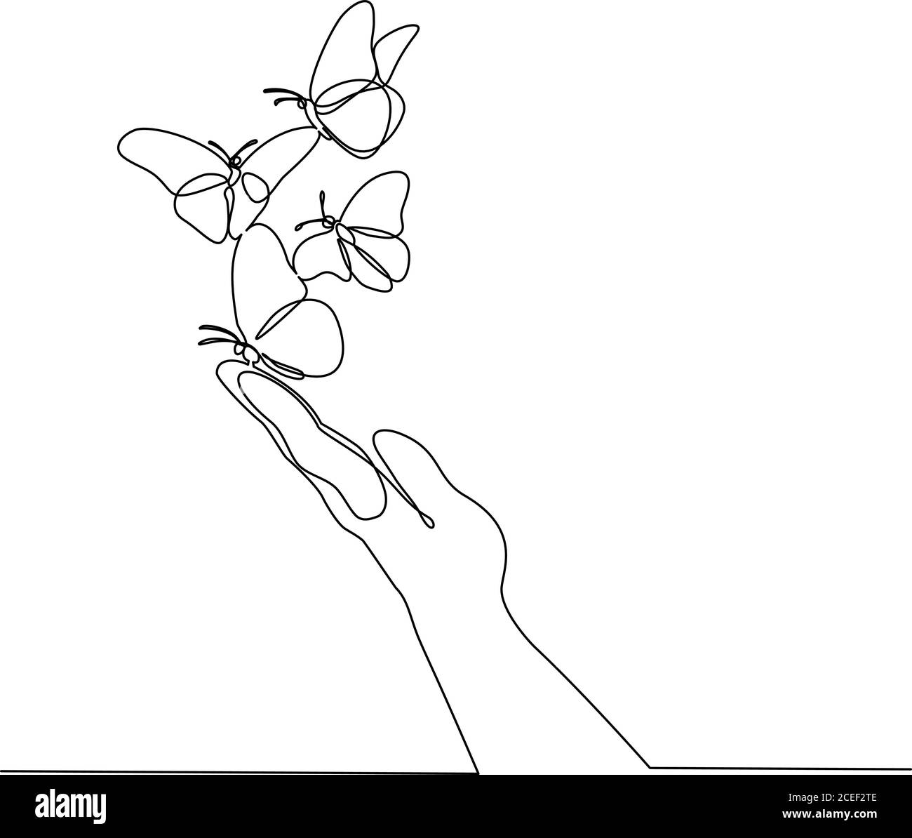 Hand with butterfly on finger. Continuous one line art drawing style. Black linear sketch isolated on white background. Vector illustration Stock Vector