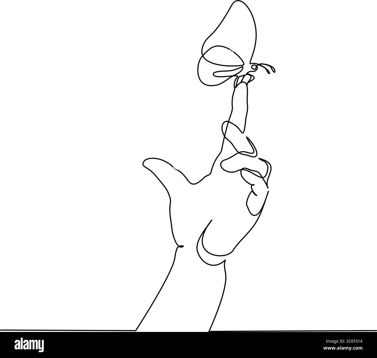 Hand with butterfly on finger. Continuous one line art drawing style. Black linear sketch isolated on white background. Vector illustration Stock Vector