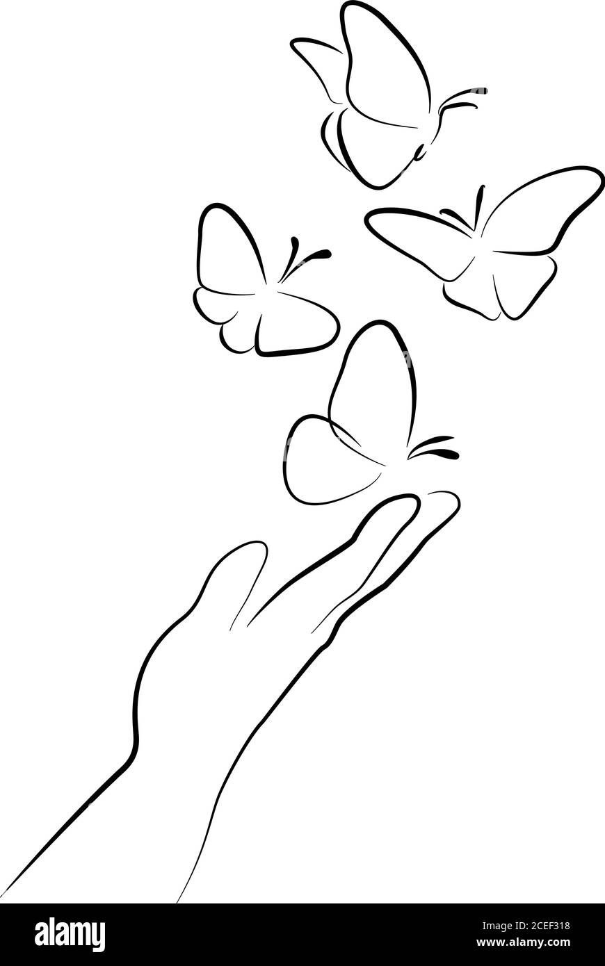 https://c8.alamy.com/comp/2CEF318/hand-with-butterfly-on-finger-line-art-drawing-style-with-different-thickness-black-linear-sketch-isolated-on-white-background-vector-illustration-2CEF318.jpg