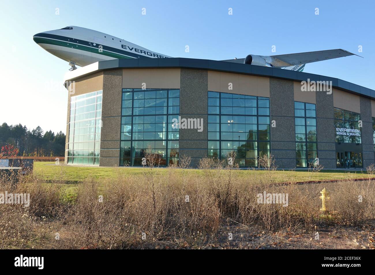 MCMINNVILLE, OR -2 NOV 2019- View of the Evergreen Wings and Waves Waterpark, an indoor waterpark with a Boeing 747 airplane in Oregon, United States. Stock Photo