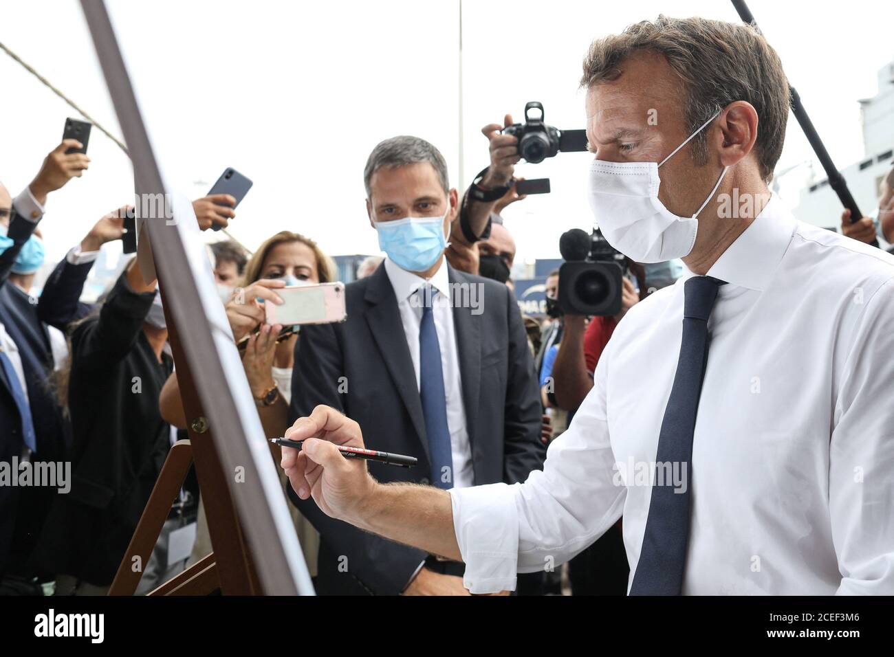 French President Emmanuel Macron meets with UN representatives and NGOs mobilised for the reconstruction of the port of Beirut, in Beirut, Lebanon September 1, 2020. Stephane Lemouton/Pool via REUTERS Stock Photo