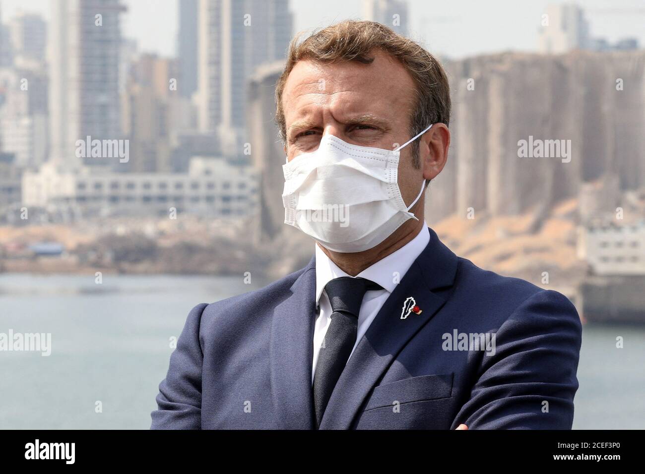 French President Emmanuel Macron meets with UN representatives and NGOs mobilised for the reconstruction of the port of Beirut, in Beirut, Lebanon September 1, 2020. Stephane Lemouton/Pool via REUTERS Stock Photo