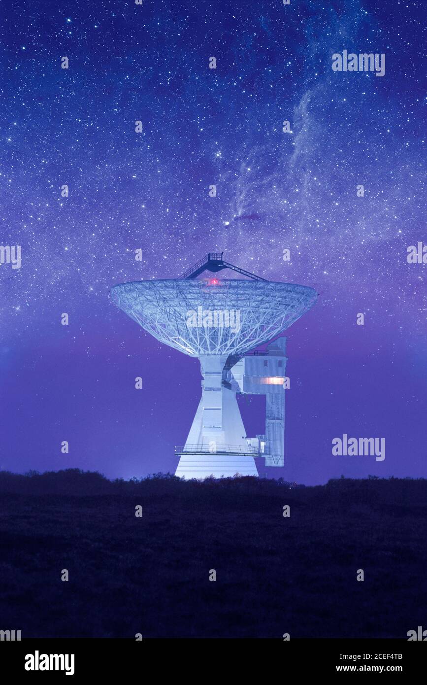 Goonhilly Satellite Earth Station telecommunication dish and stars at night Stock Photo