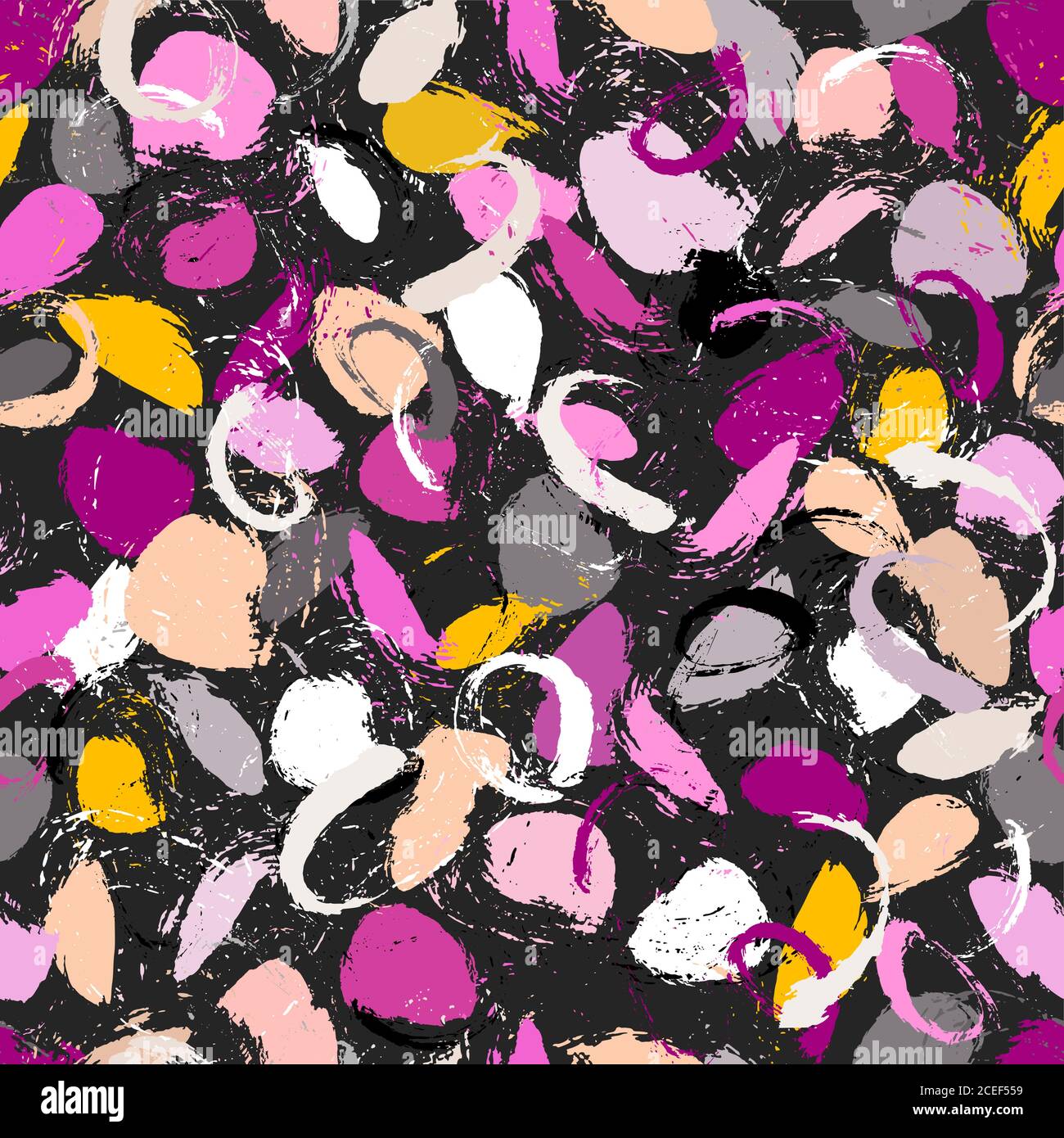 seamless background pattern, with circles, strokes and splashes, grungy, on black Stock Vector
