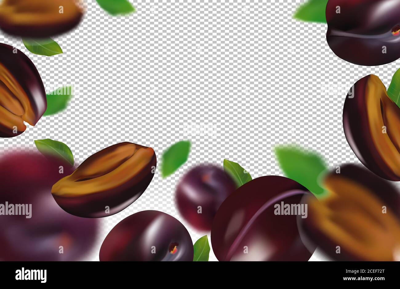 Realistic plum on transparent background. Whole plum, sliced plum with green leaves. Illustration for your poster, banner, natural product. 3D vector illustration. Stock Vector