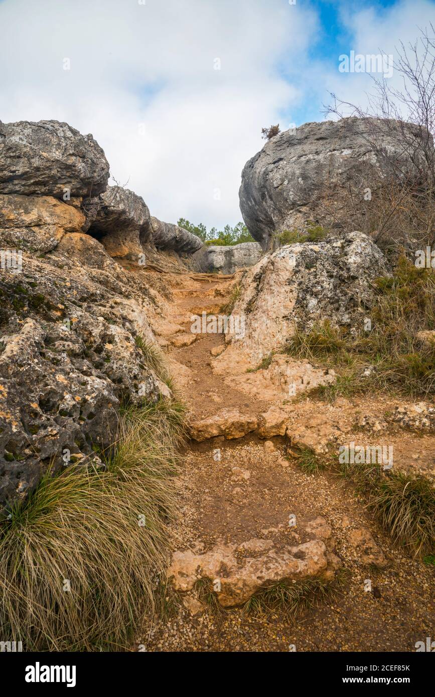 Stone stairs. Ciudad Encantada, Serrania de Cuenca Nature Reserve, Cuenca province, Castilla La Mancha, Spain. Stock Photo