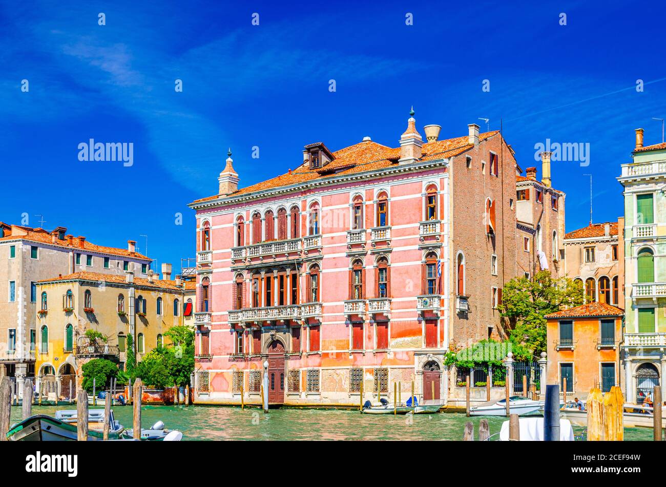 Palazzo Fontana Rezzonico palace building in Cannaregio sestiere from Grand Canal waterway in Venice historical city centre, blue clear sky background in summer day, Veneto Region, Italy Stock Photo