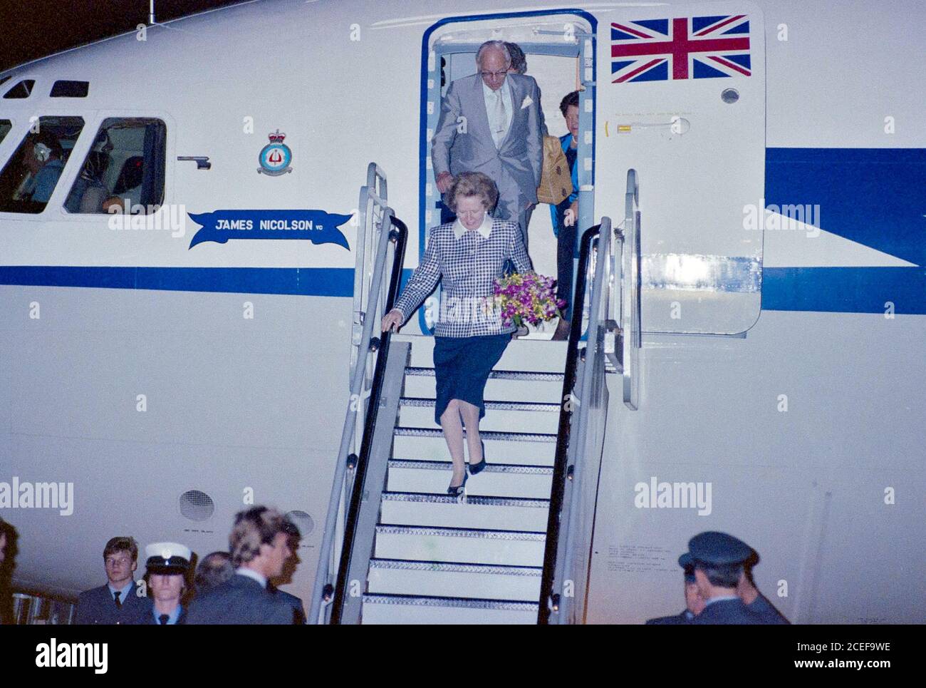 Prime Minister Margaret Thatcher arriving at London Heathrow Airport 1989 Stock Photo