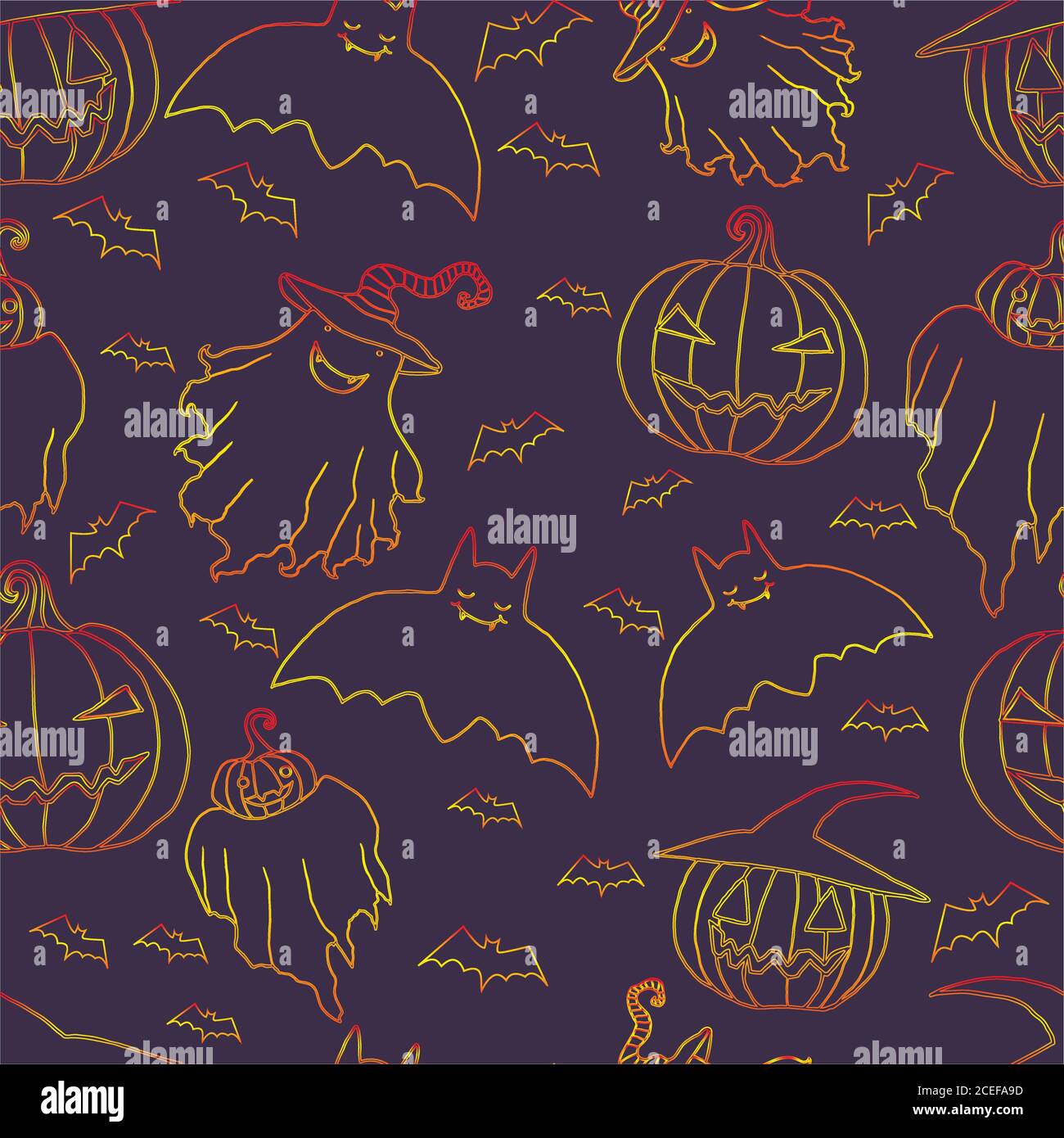 Bright ghosts hat pumpkins bats on a dark purple background Stock Vector