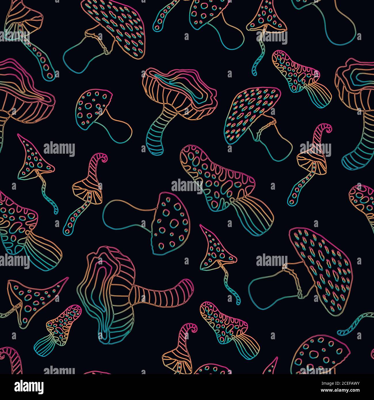 Neon seamless mushroom pattern,blue pink orange contour on a black background Stock Vector