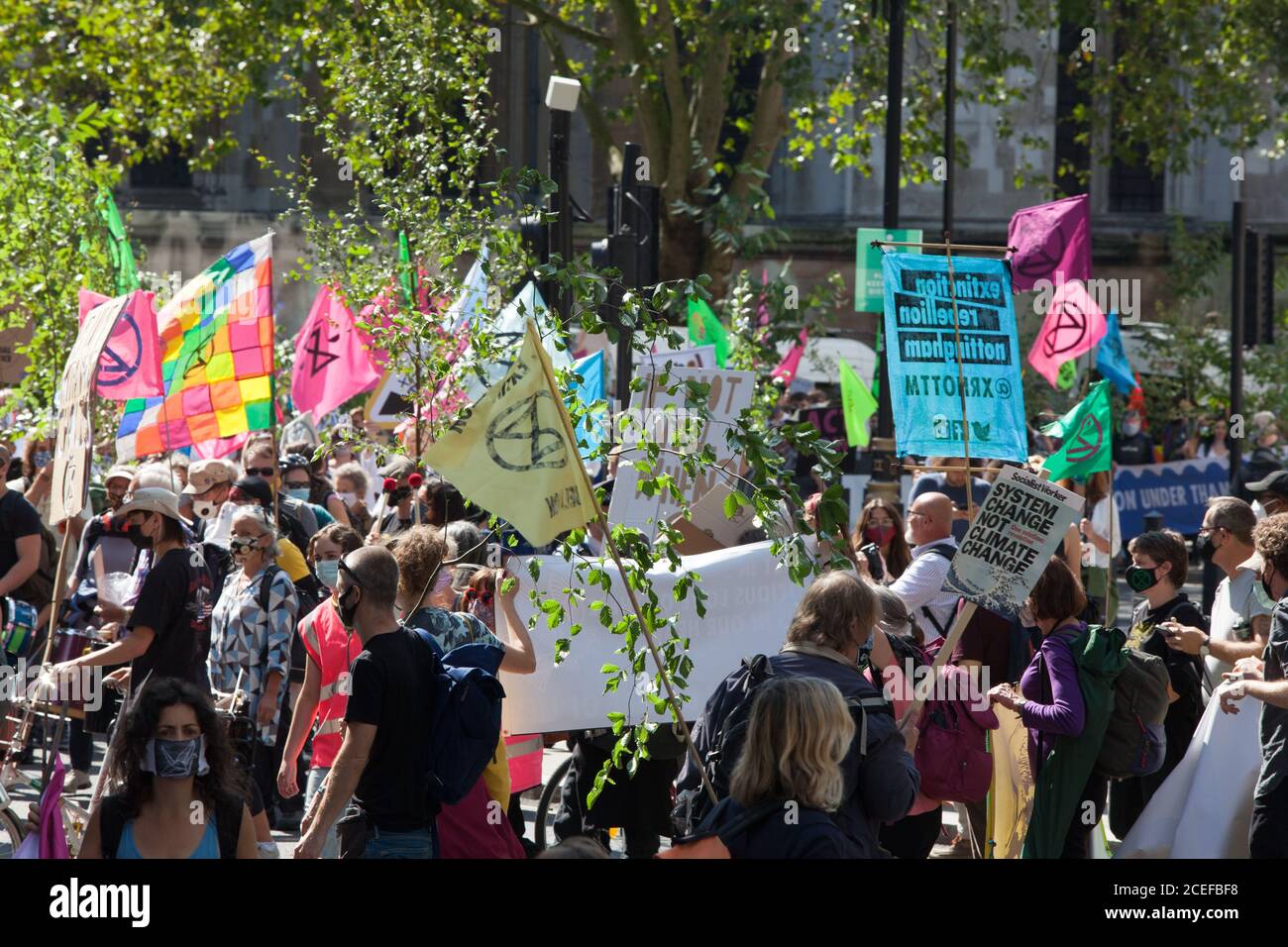 London, UK, 1 Sept. 2020: Extinction Rebellion protestors marched on Parliament Square and breached police lines to close surrounding roads. A few arrests were made. The environmental campaigners are calling for MPs to support the Climate and Ecological Emergencies Bill (CEE Bill). Anna Watson/Alamy Live News Stock Photo