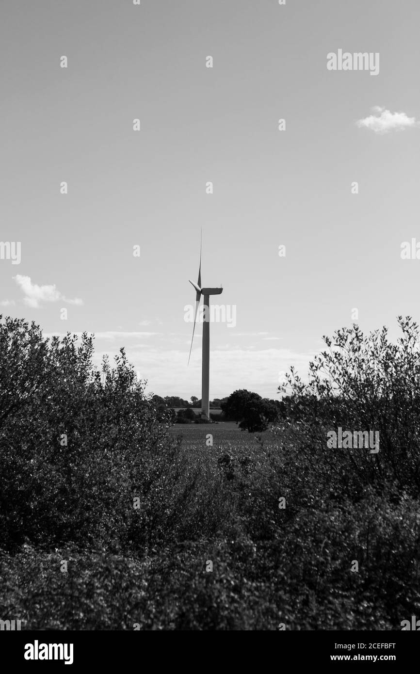 Black and white wind turbine landscape Stock Photo
