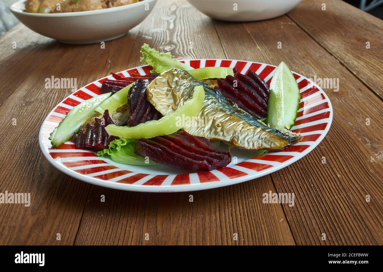 Pan fried mackerel fillets with beetroot close up Stock Photo Alamy