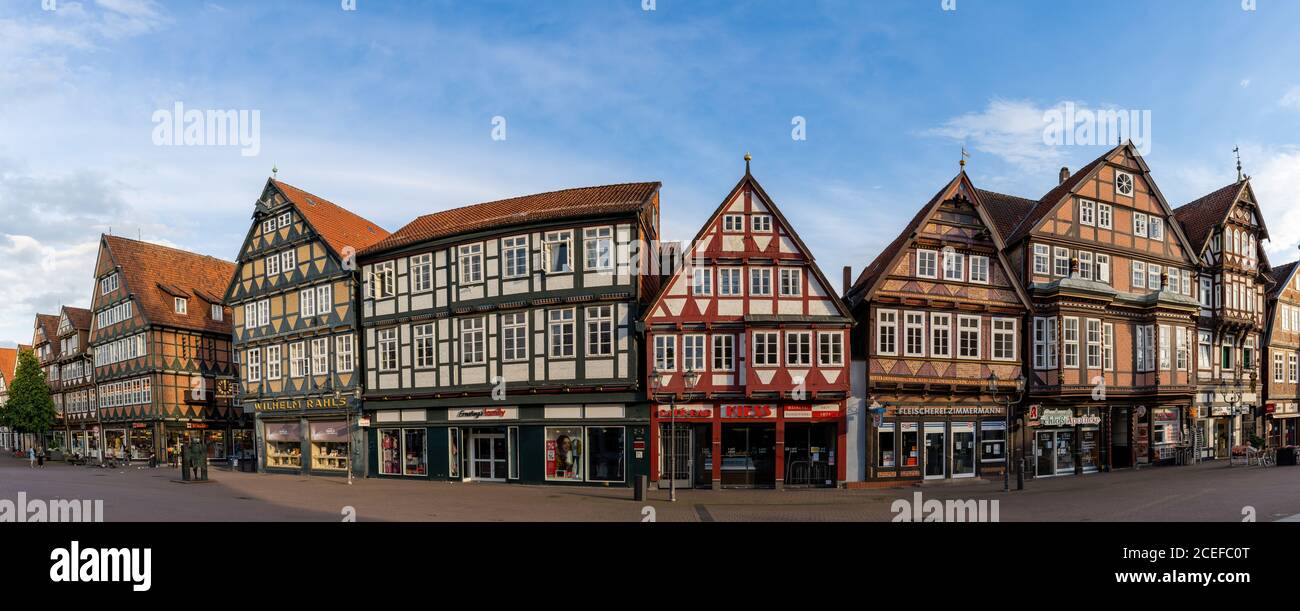 Celle, Niedersachsen / Germany - 3 August 2020: panorama view of the old city center of Celle with its half-timbered houses Stock Photo