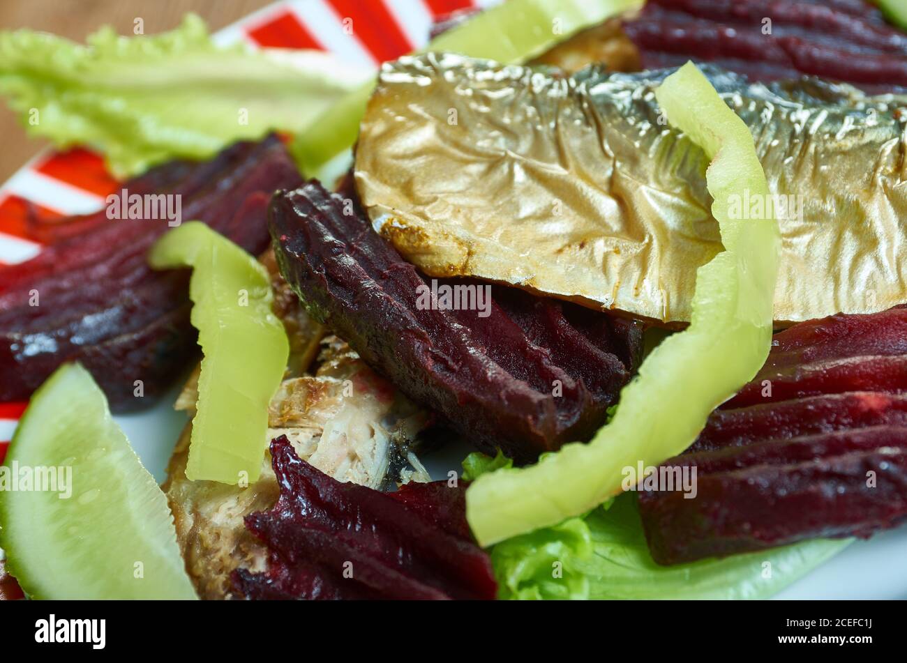 Pan fried mackerel fillets with beetroot close up Stock Photo Alamy