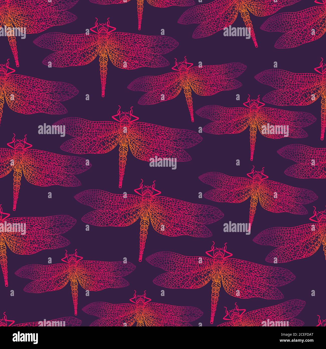 Dragonfly, bright insect, seamless pattern. Gradient orange pink Stock Vector