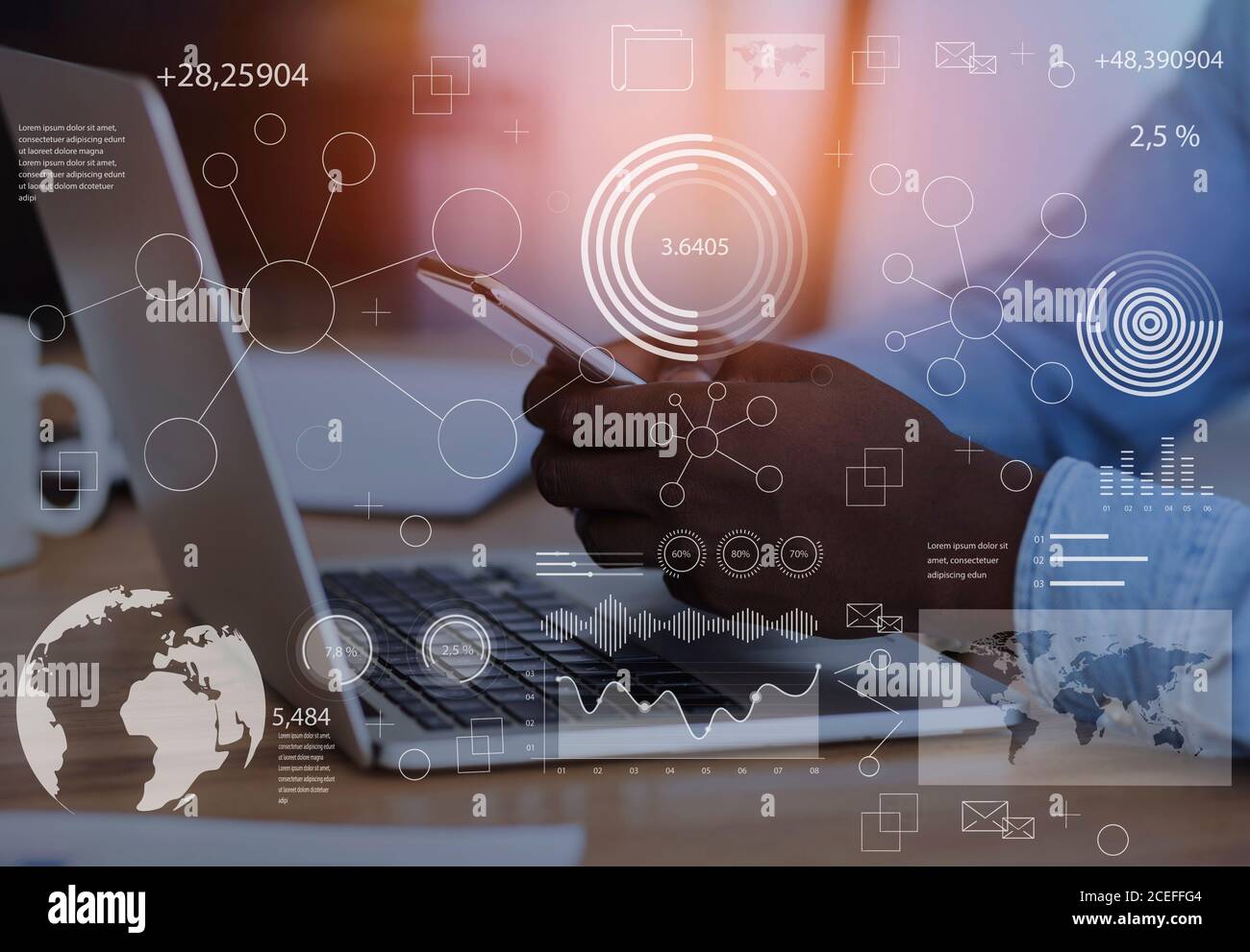 Modern Technologies. Analytic information diagram layered over black businessman working in office Stock Photo