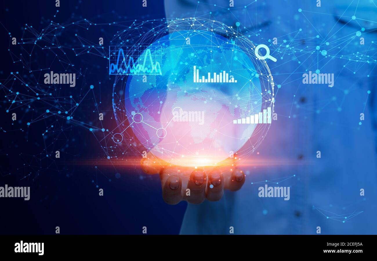 Global Business Technologies. Female Holding Globe Hologram With Polygonal Connections And Charts Stock Photo
