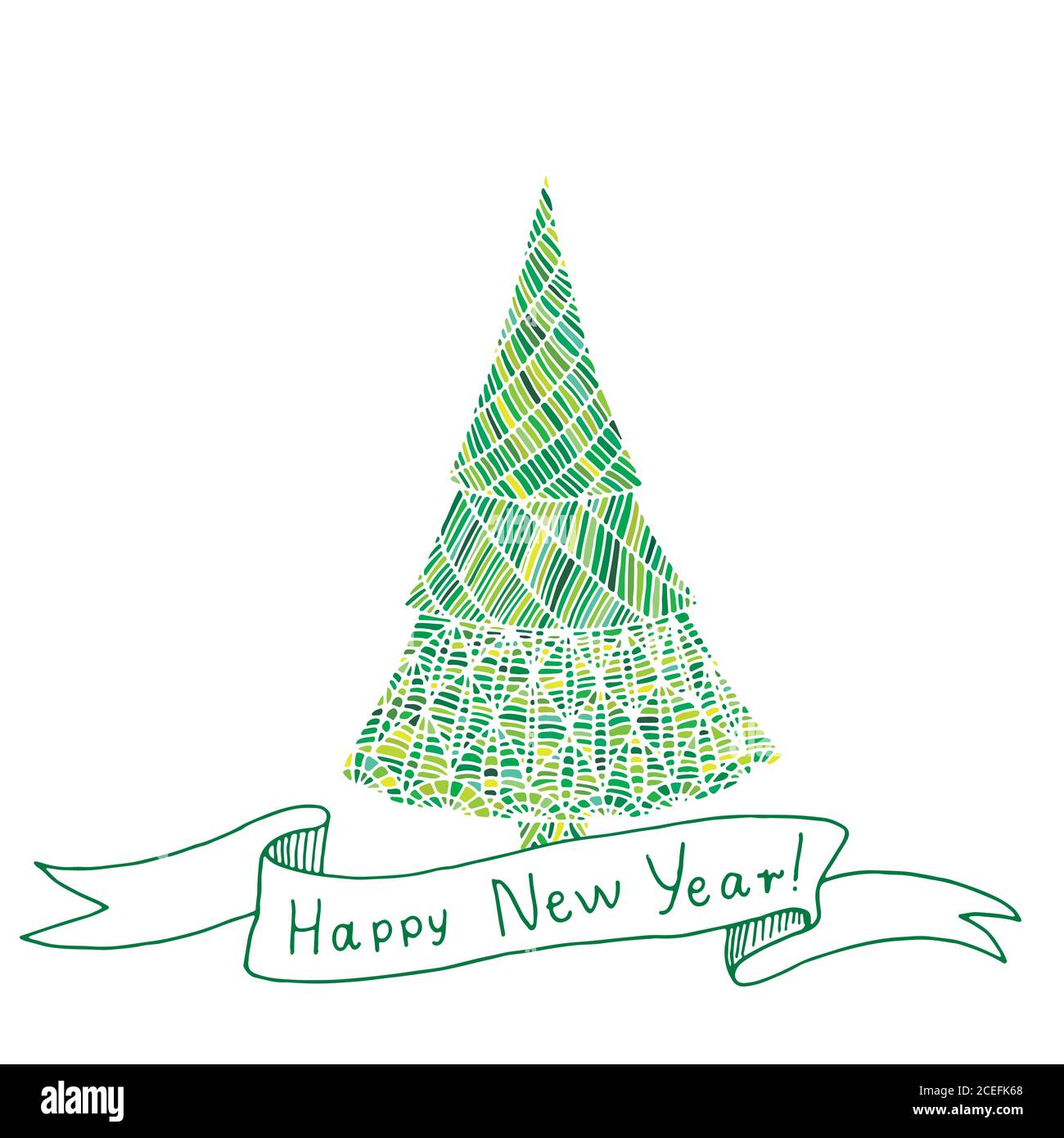 Decorative Christmas tree, doodle style, green beautiful tree Stock Vector