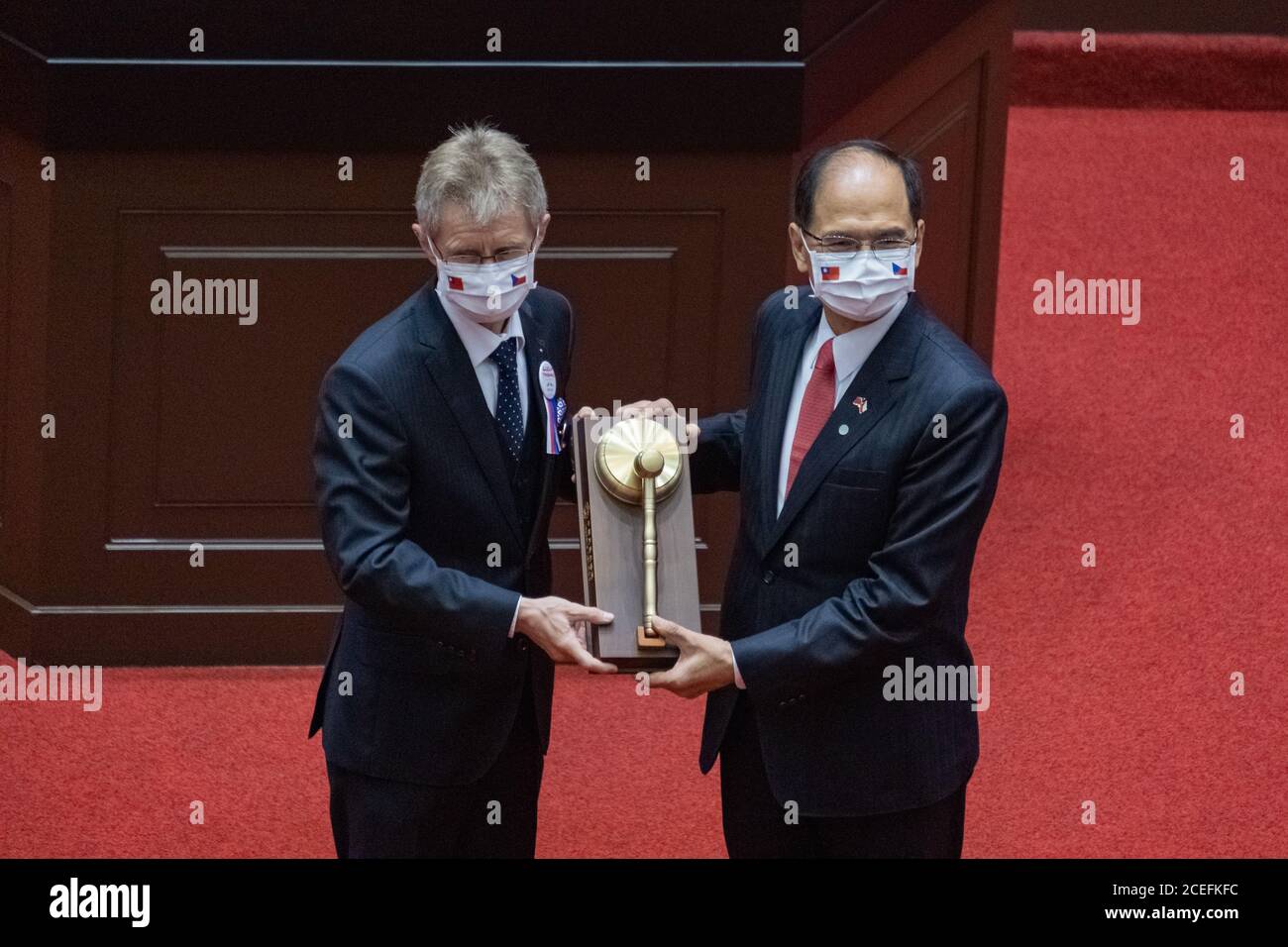 Taipei, Taiwan. 01st Sep, 2020. Czech Republic Senate President Milos Vystrcil (L) seen receiving a gavel from Taiwan's parliament president Yu Shyi-kun (R) before delivering his speech to the legislative yuan (Taiwan parliament) in Taipei. Credit: SOPA Images Limited/Alamy Live News Stock Photo