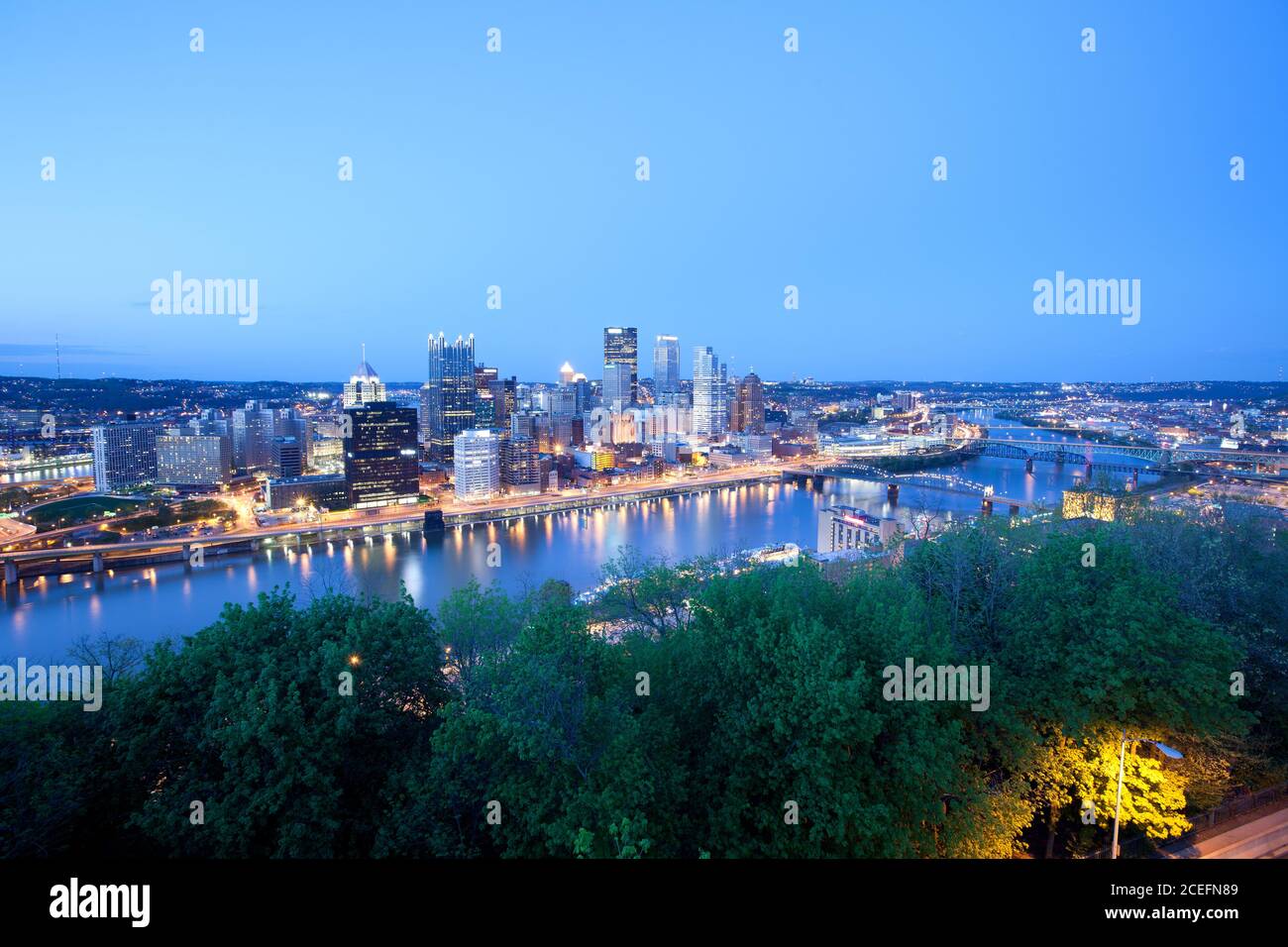 Panoramic view of Pittsburgh skyline at night, Pennsylvania, United States Stock Photo