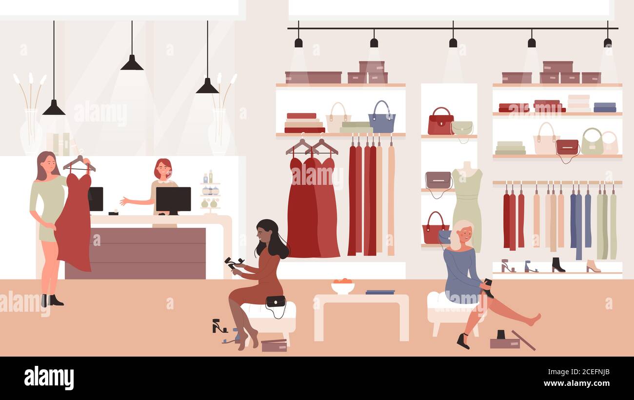 Woman fashion store or shop vector illustration. Cartoon female shopper characters sitting and trying on new shoes, holding hanger with stylish fashionable dress, boutique showroom interior background Stock Vector