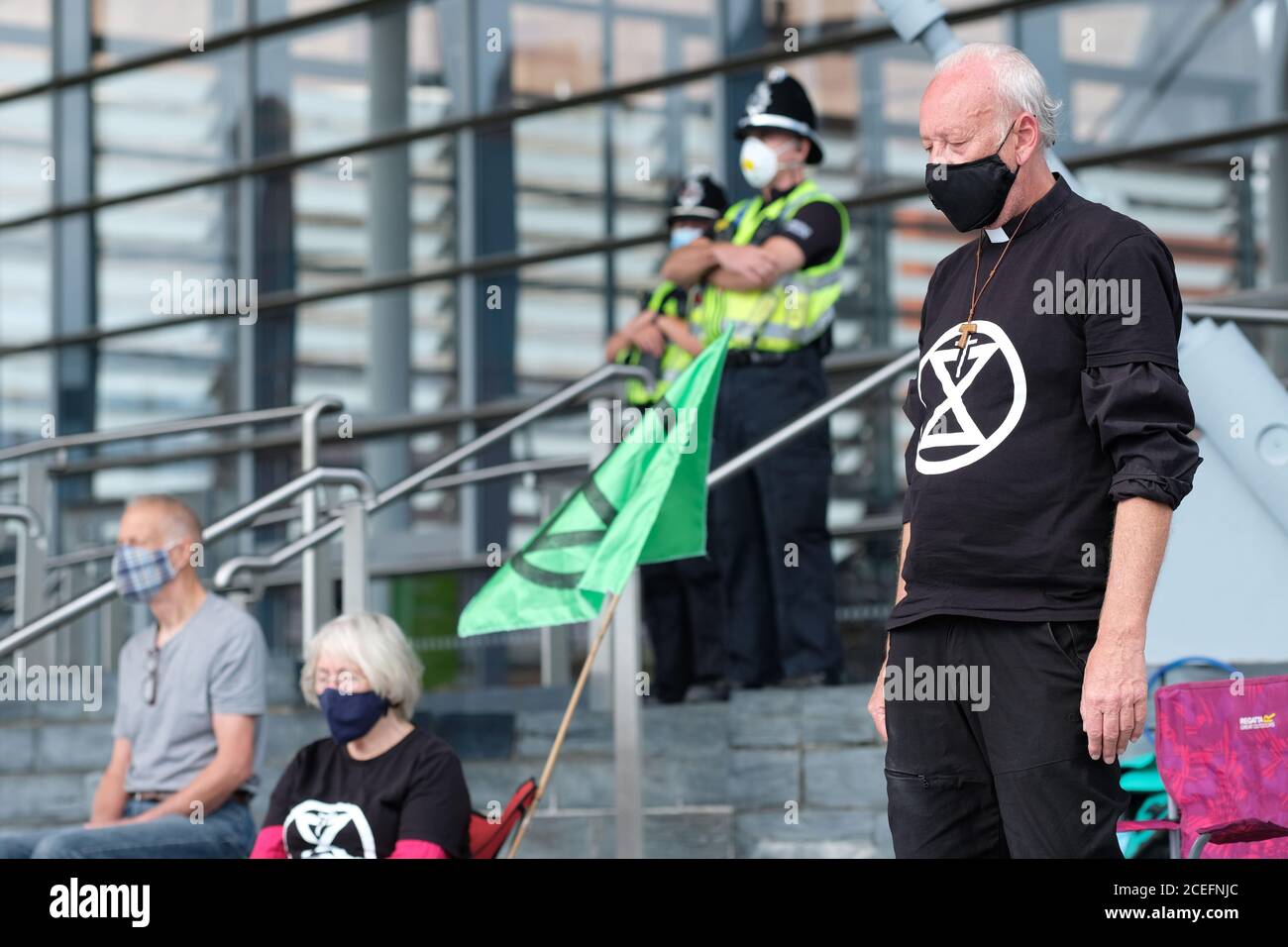 Cardiff, Wales, UK - Tuesday 1st September 2020 - Extinction Rebellion ( XR ) protesters hold a prayer vigil outside the Welsh Parliament in Cardiff Bay as they protest against climate change and the future of society. Photo Steven May / Alamy Live News Stock Photo