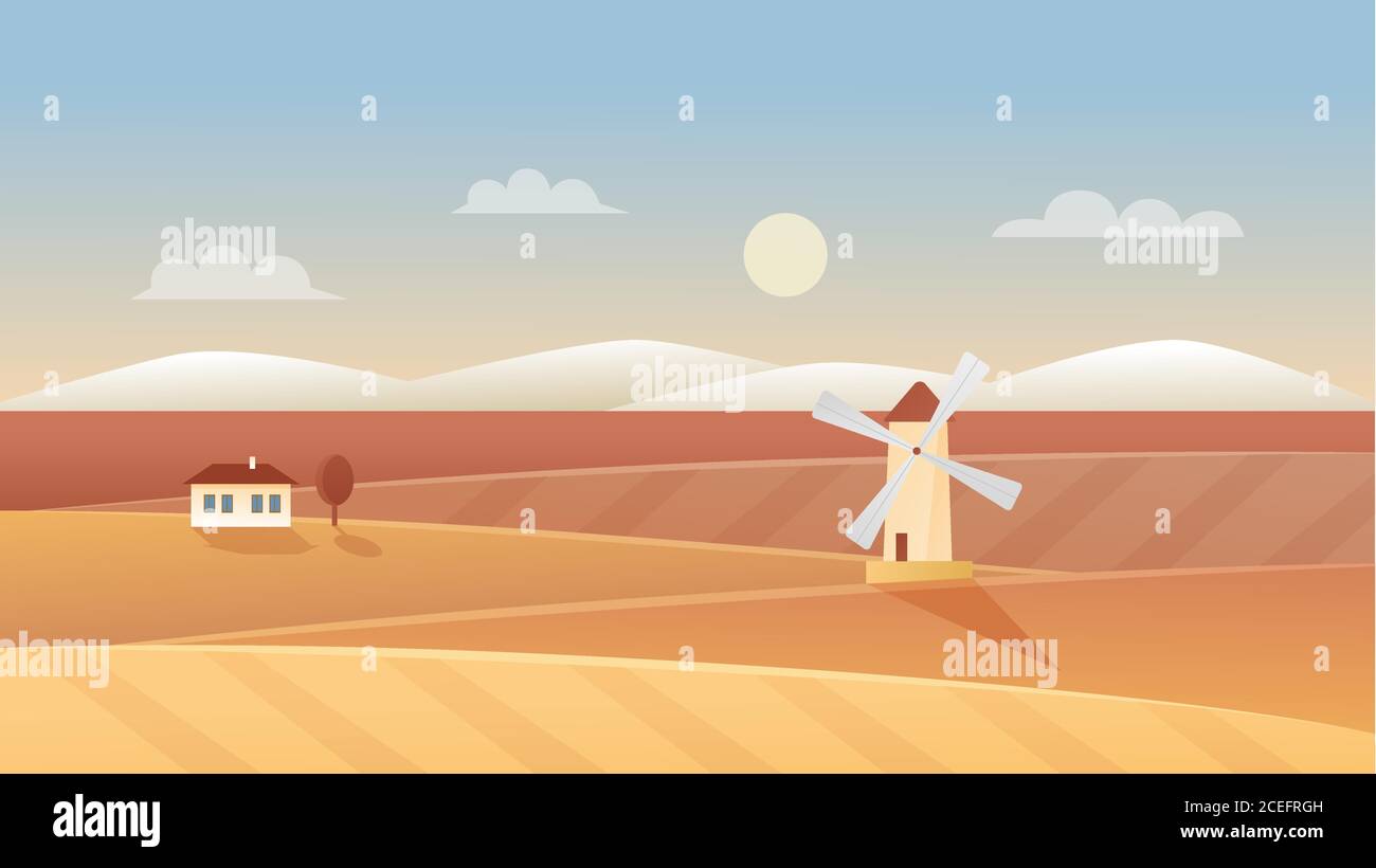 Autumn agriculture landscape vector illustration. Cartoon flat autumnal panorama scenery with windmill and farm village house on rural organic wheat field, farmland agricultural scene background Stock Vector