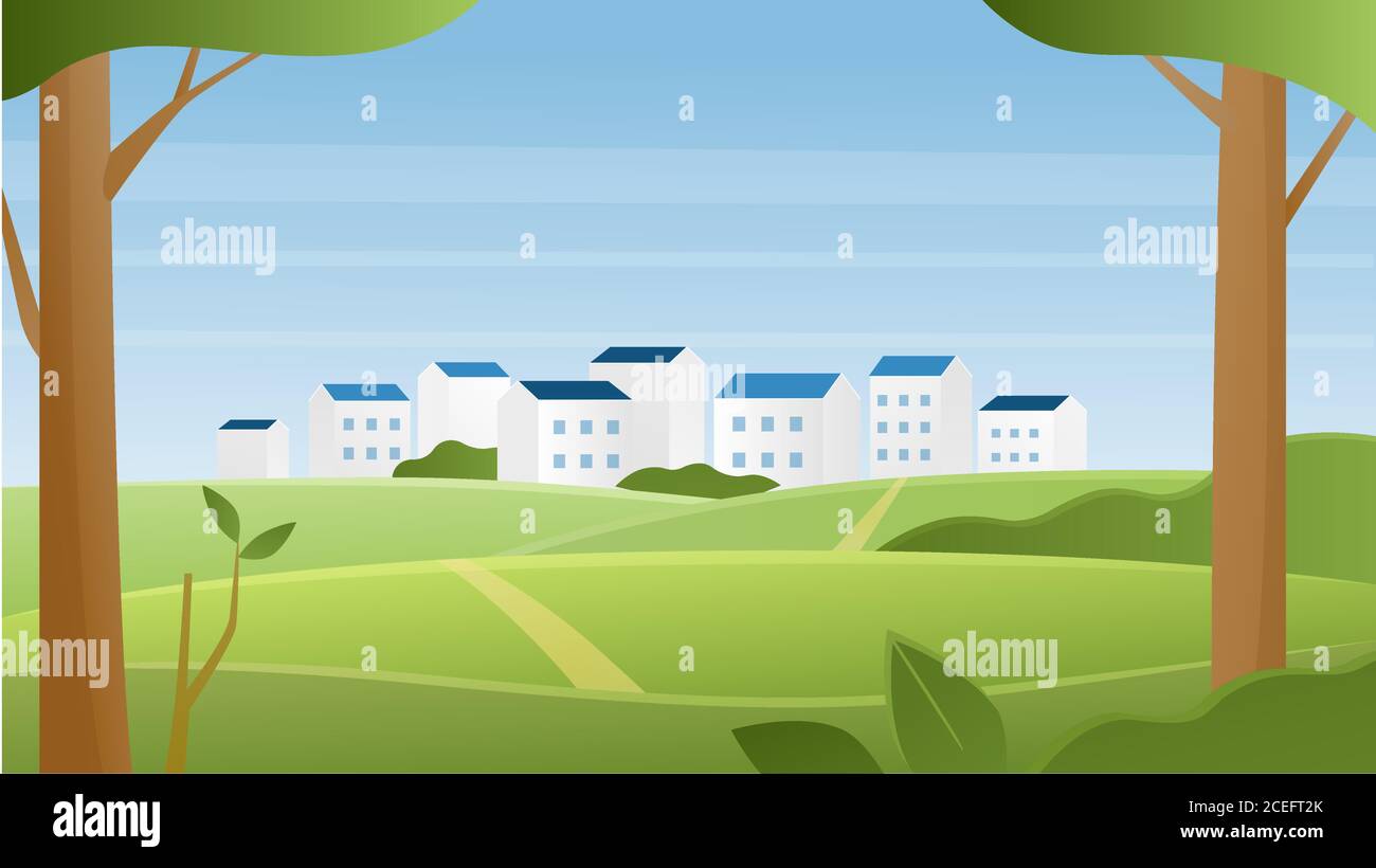 Green summer urban landscape vector illustration. Cartoon flat cityscape with town houses on horizon, road to city among green rural fields on hills and trees, panoramic natural skyline background Stock Vector