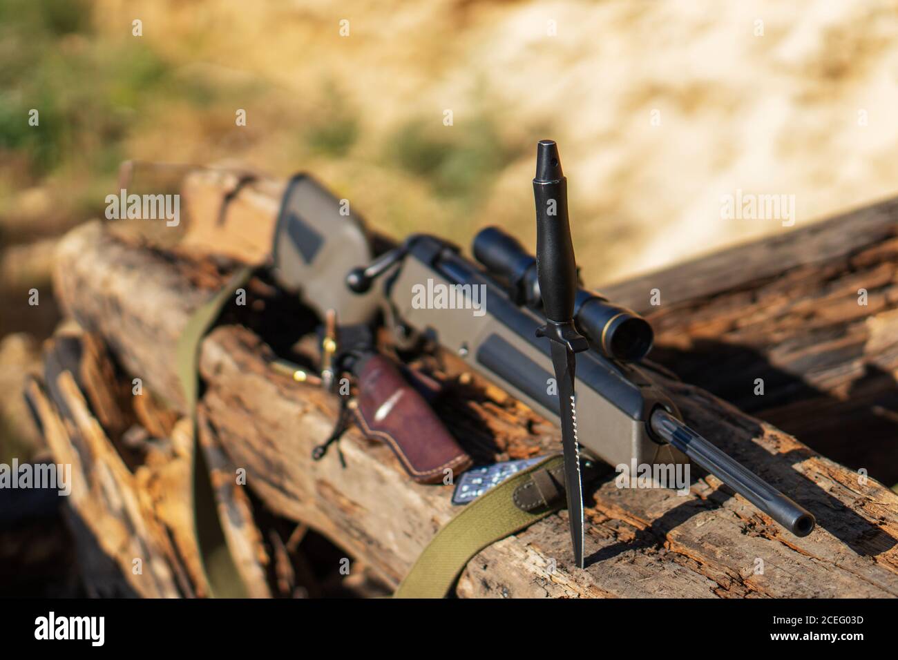 Rifle with telescopic sight and knife close up, soft focus Stock Photo