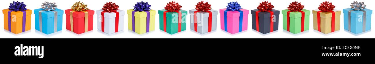 Christmas gifts birthday presents in a row gift present isolated on a white background Stock Photo
