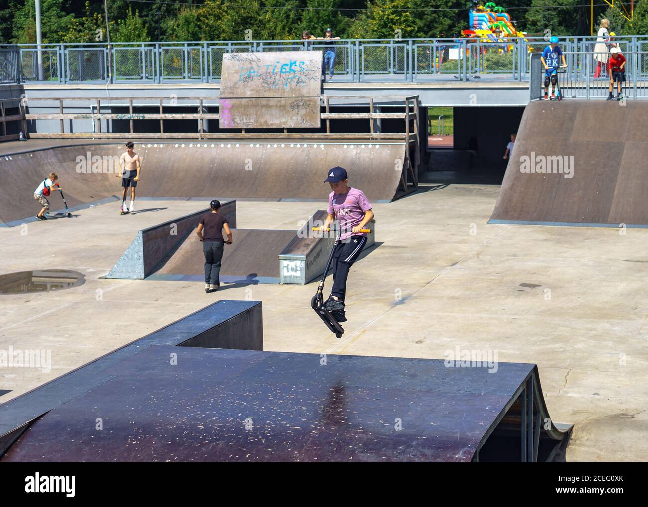 stunt scooters, young people in a skate Park, scooter sport, freestyle  scootering, Russia, Kaliningrad, Kaliningrad skate Park, August 5, 2020  Stock Photo - Alamy