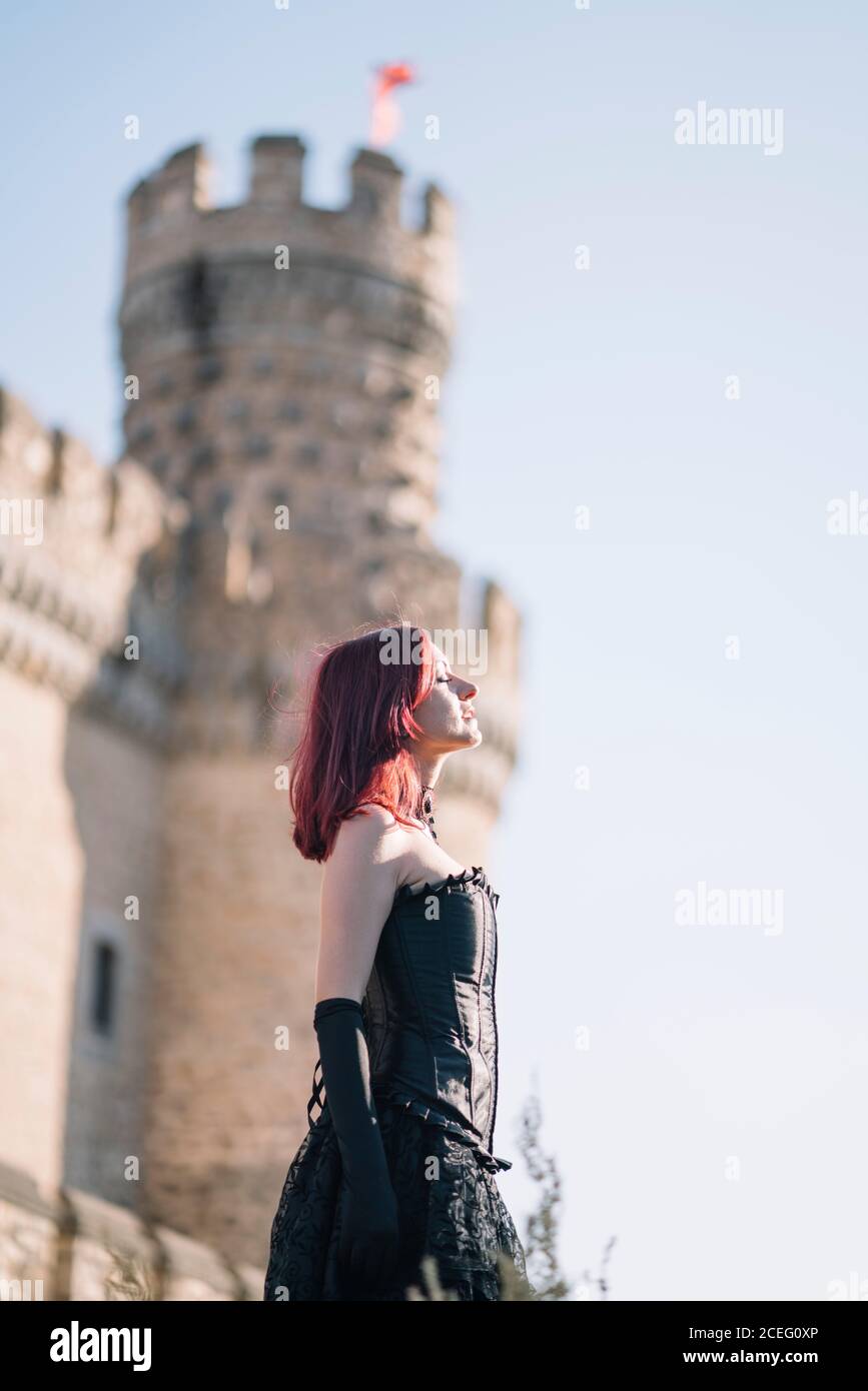Pretty red haired medieval girl poses together castle Stock Photo - Alamy