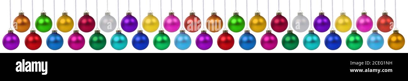 Christmas balls many baubles decoration banner hanging isolated on a white background Stock Photo