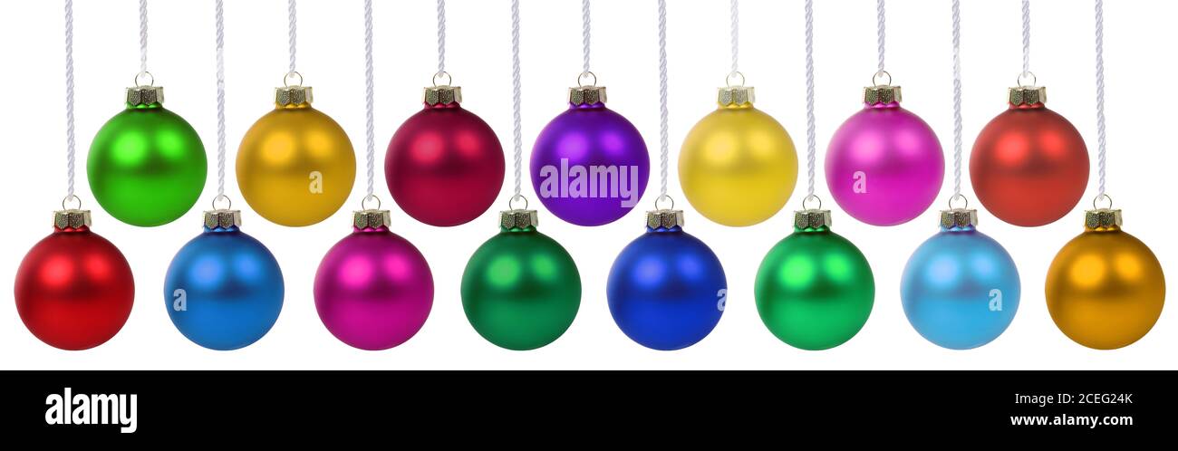 Christmas balls baubles time decoration banner hanging isolated on a white background Stock Photo