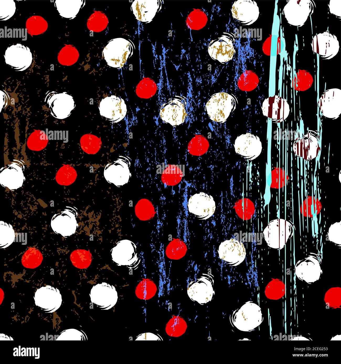 seamless background pattern, with circles/dots, strokes and splashes, black and white Stock Vector