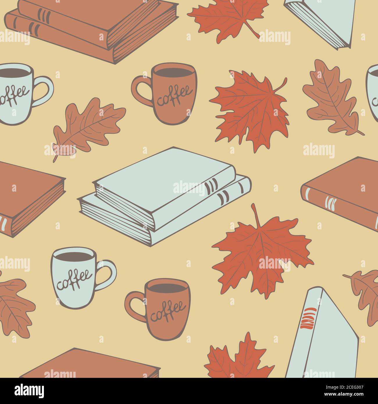 Seamless pattern of books, autumn and oak maple leaves and cups