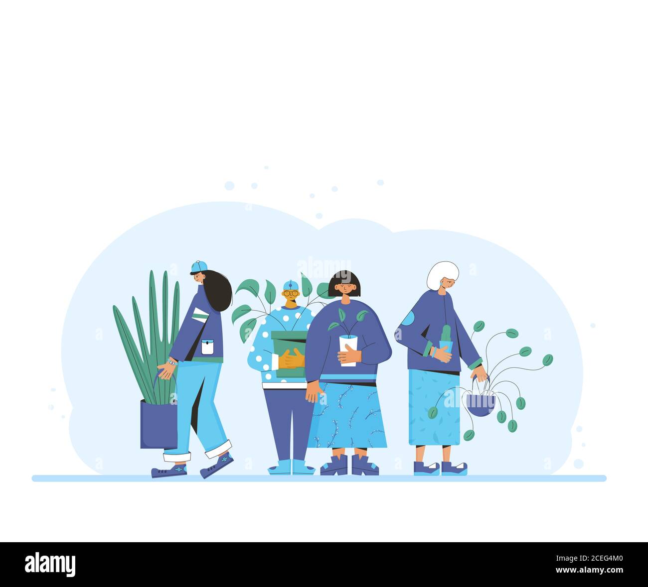 Plant lovers club. Smiling persons wearing in cozy clothes holding in hands indoor flower. Plants psychological therapy and relax concept. Group of fr Stock Vector